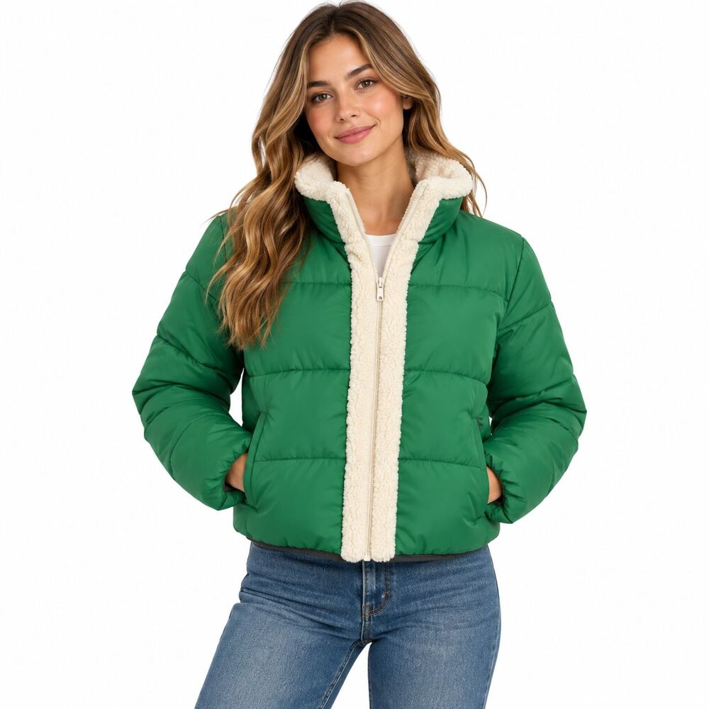Cabi Big Sky Puffer Quilted Sherpa Trim Jacket Kelly Green Womens Small Gorpcore